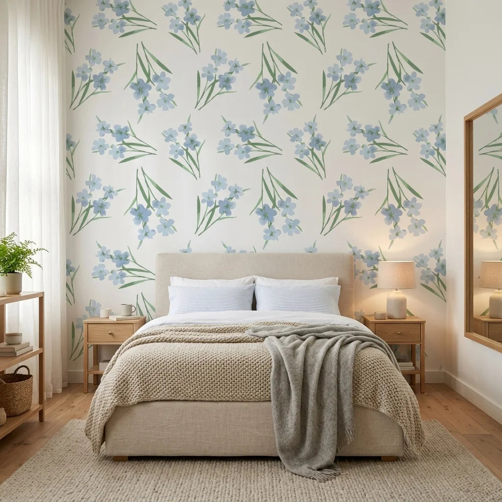 Sky Memory serene blue floral wallpaper in a warm and inviting living room
