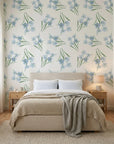 Sky Memory serene blue floral wallpaper in a warm and inviting living room