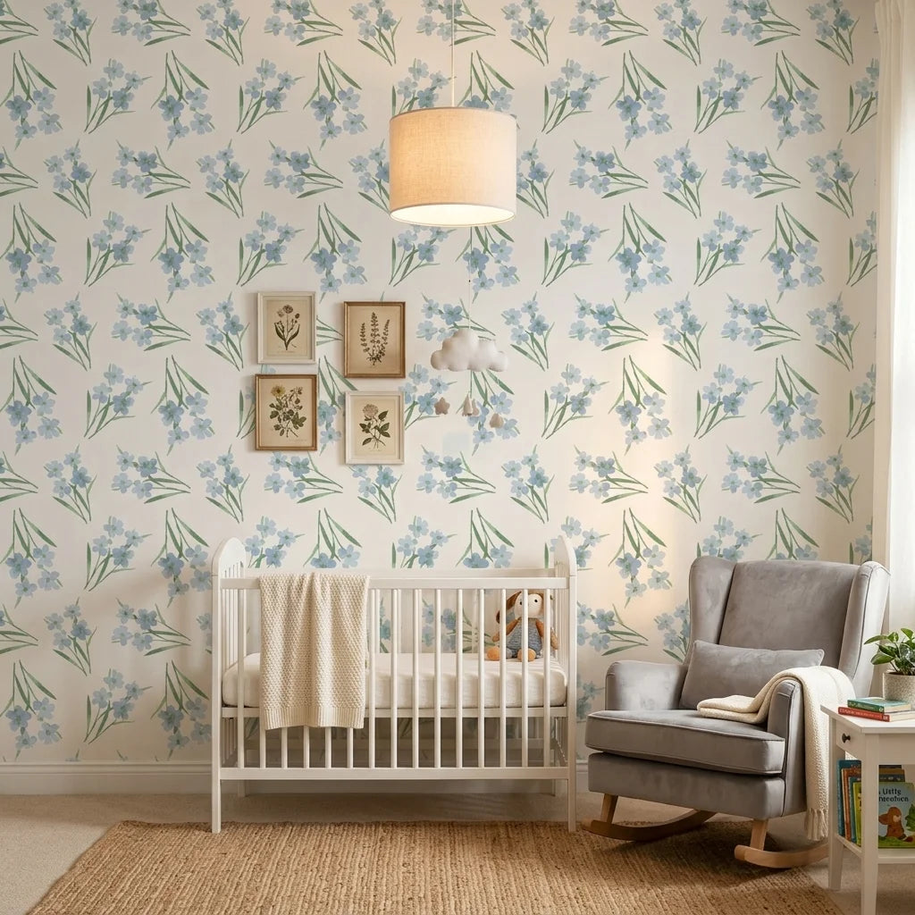 Sky Memory serene blue floral wallpaper adding character to a cozy bedroom