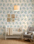 Sky Memory serene blue floral wallpaper adding character to a cozy bedroom