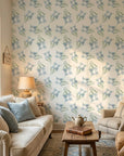 Sky Memory serene blue floral wallpaper as a feature wall in a bright home office