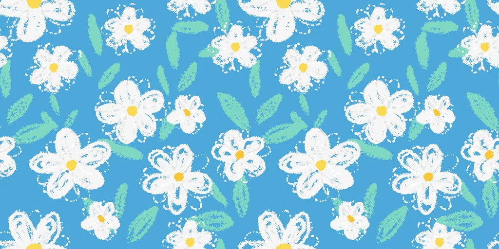 A chalk-style white daisy floral pattern on blue wallpaper, titled Sky Chalk