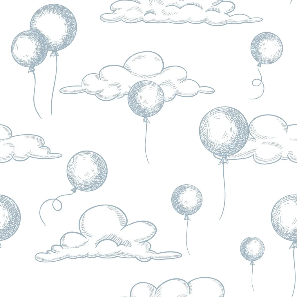 White blue hand-drawn cloud balloon peel and stick wallpaper -Sky Dreams