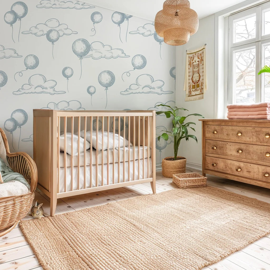 Self-adhesive wall covering showcasing a delicate hand-drawn pattern of floating balloons and puffy clouds in white and blue - Sky Dreams