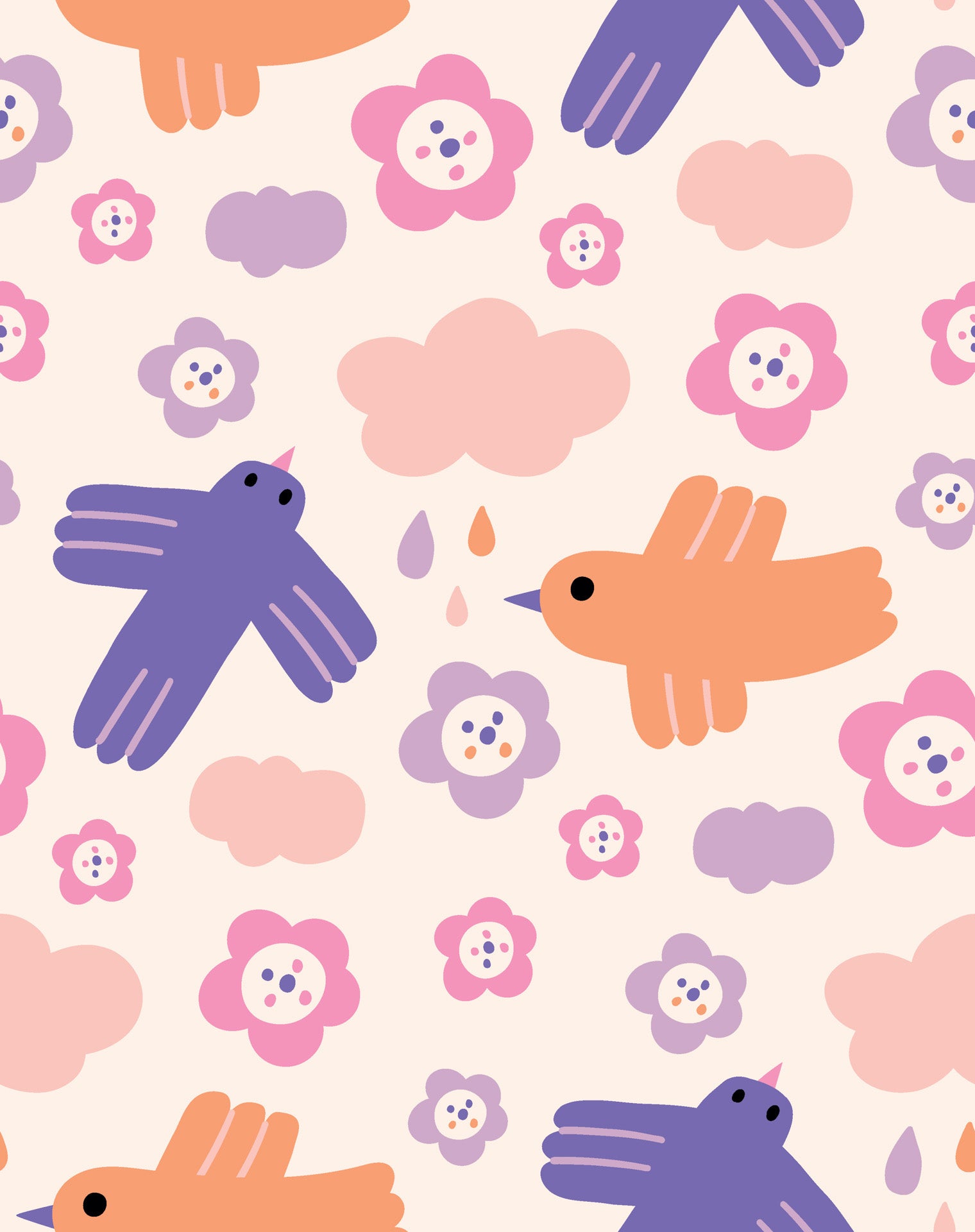 Playful illustrated bird wallpaper pattern with pastel birds, flowers, clouds, and raindrops in soft pink, purple, and peach tones on a light background.