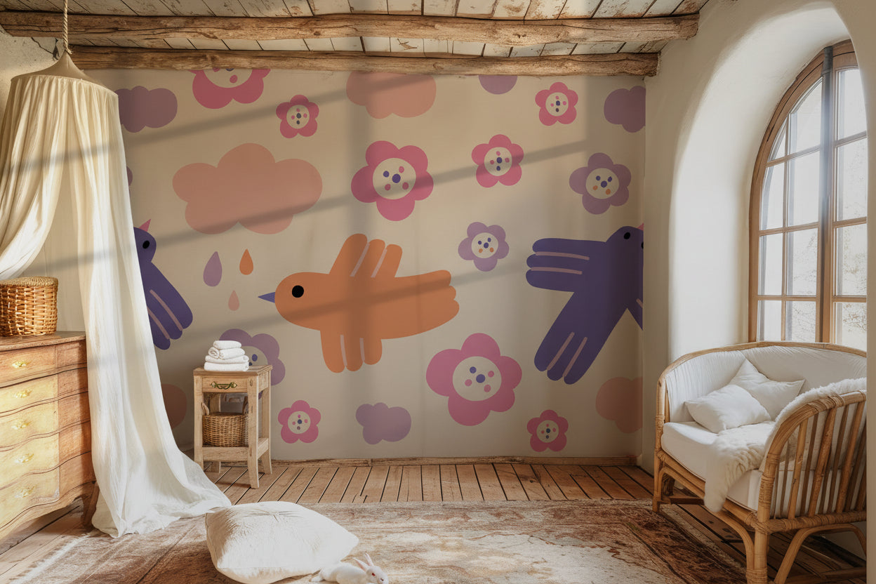 Whimsical bird wallpaper used in a nursery or toddler room, showing pastel birds and flowers that bring a joyful, comforting mood to the interior.