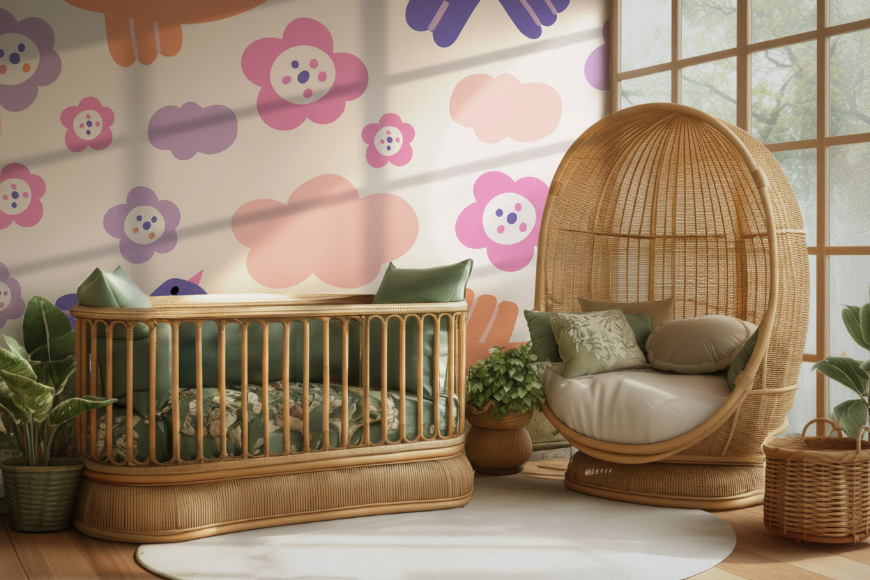 Uplifting cream wallpaper displaying vivid, multi-hued birds soaring across rosy pink clouds.