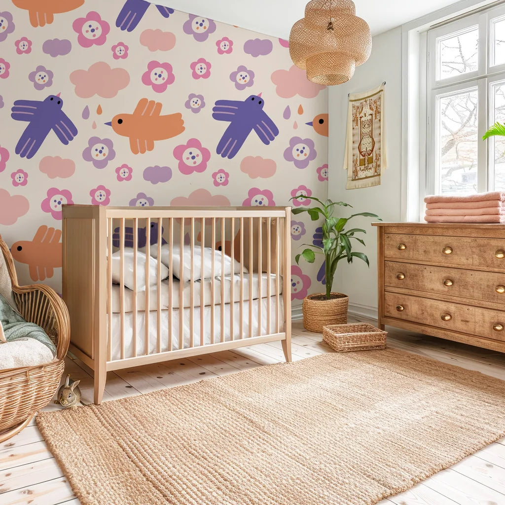 Charming cream-colored removable wall decor depicting graceful birds in flight among pretty blossoms - Skydance Bloom