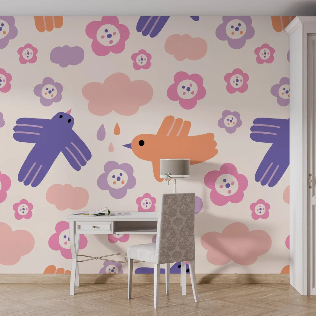 Off-white self-adhesive wall covering featuring playful avian motifs and delicate botanical illustrations - Skydance Bloom