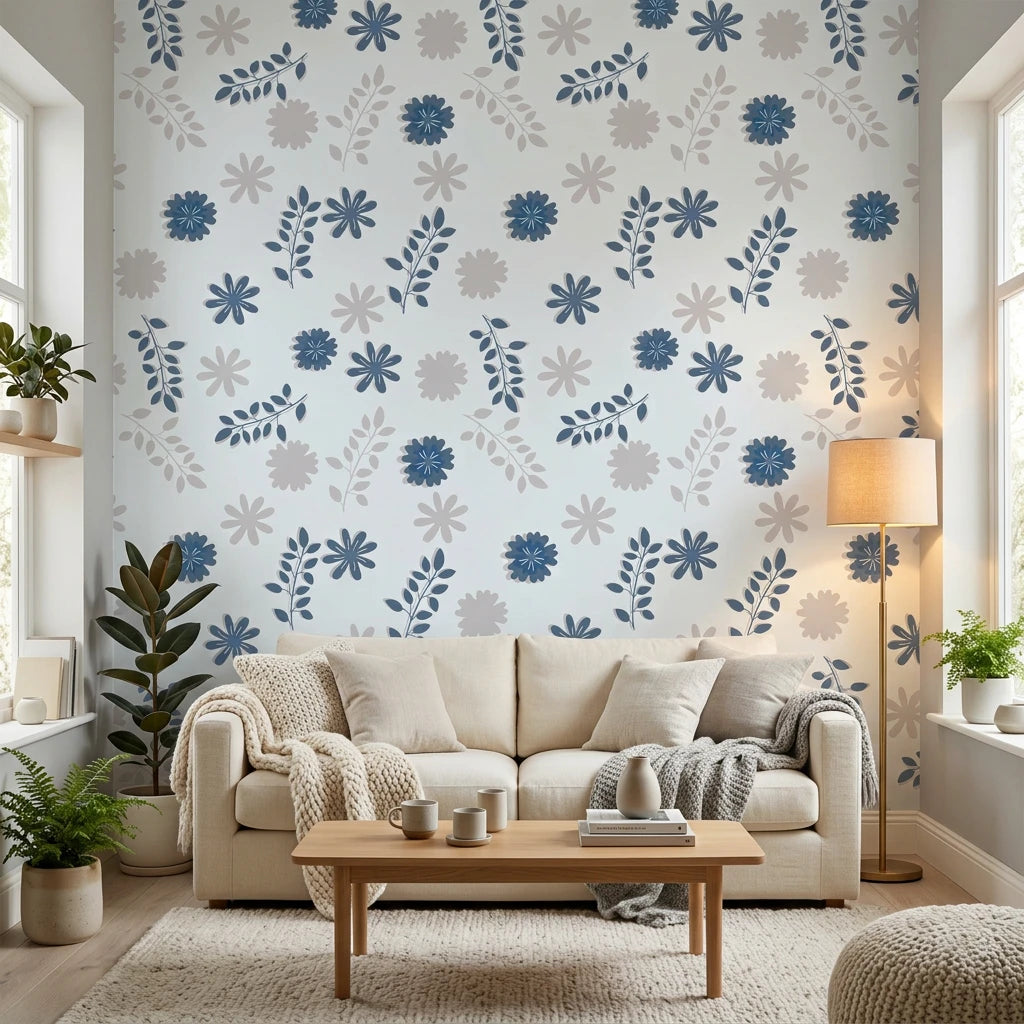 Slate Garden serene blue grey floral wallpaper in a warm and inviting living room