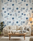 Slate Garden serene blue grey floral wallpaper in a warm and inviting living room