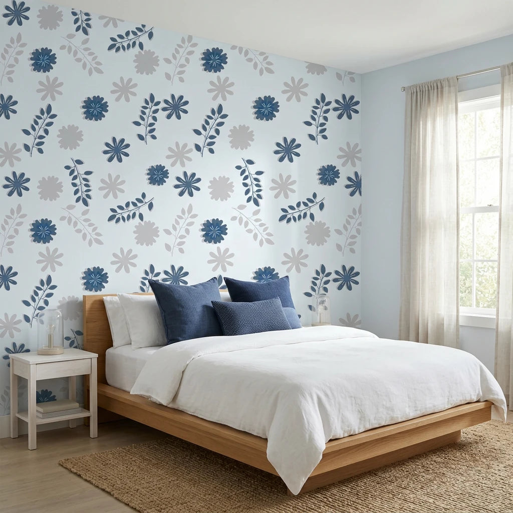 Slate Garden serene blue grey floral wallpaper adding character to a cozy bedroom