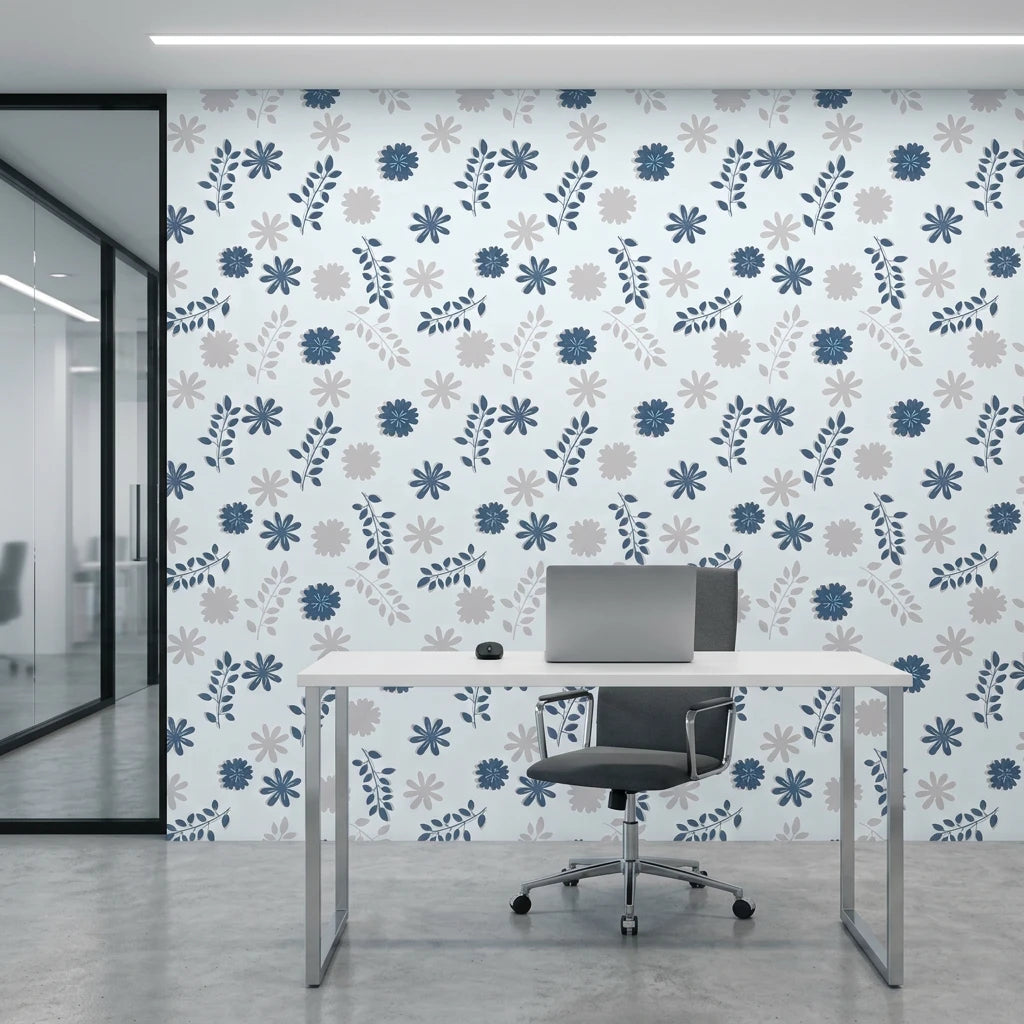 Slate Garden serene blue grey floral wallpaper as a feature wall in a bright home office