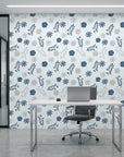 Slate Garden serene blue grey floral wallpaper as a feature wall in a bright home office