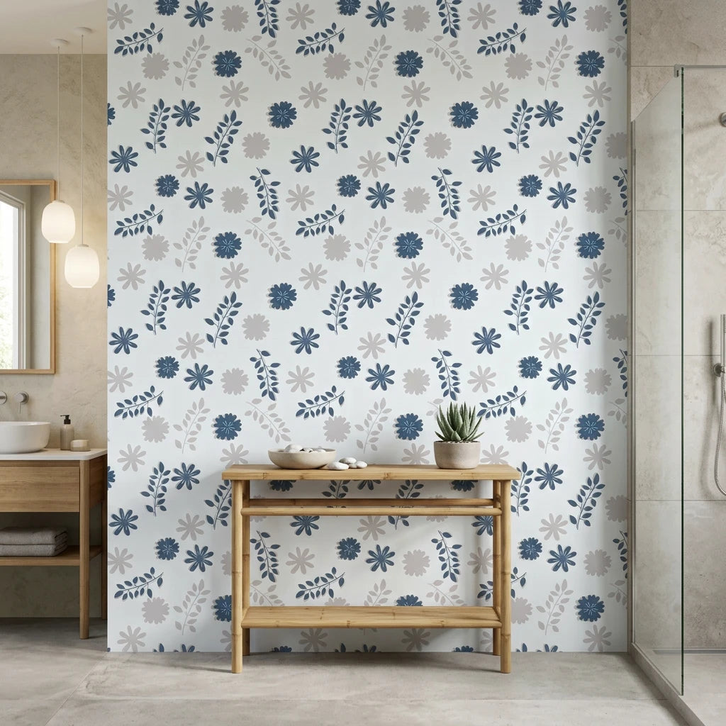 Slate Garden serene blue grey floral wallpaper creating ambiance in a serene bathroom