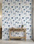 Slate Garden serene blue grey floral wallpaper creating ambiance in a serene bathroom