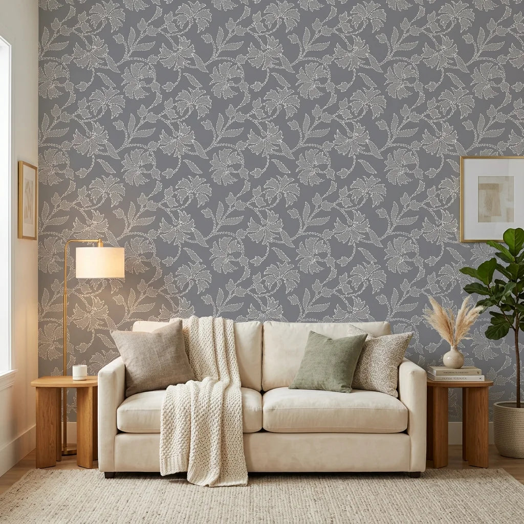 Matte grey stitched floral vine peel and stick wallpaper - Slate Sashiko