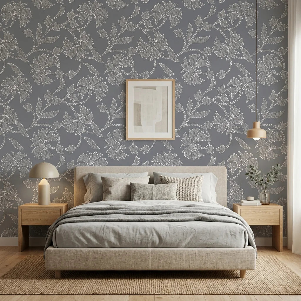 Matte grey stitched floral vine peel and stick wallpaper - Slate Sashiko in a warm living room