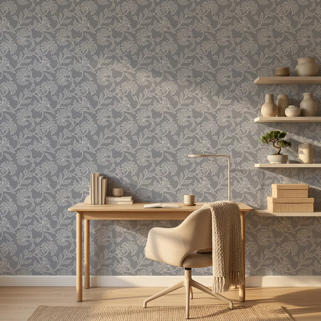 Matte grey stitched floral vine peel and stick wallpaper - Slate Sashiko adding character to a bedroom