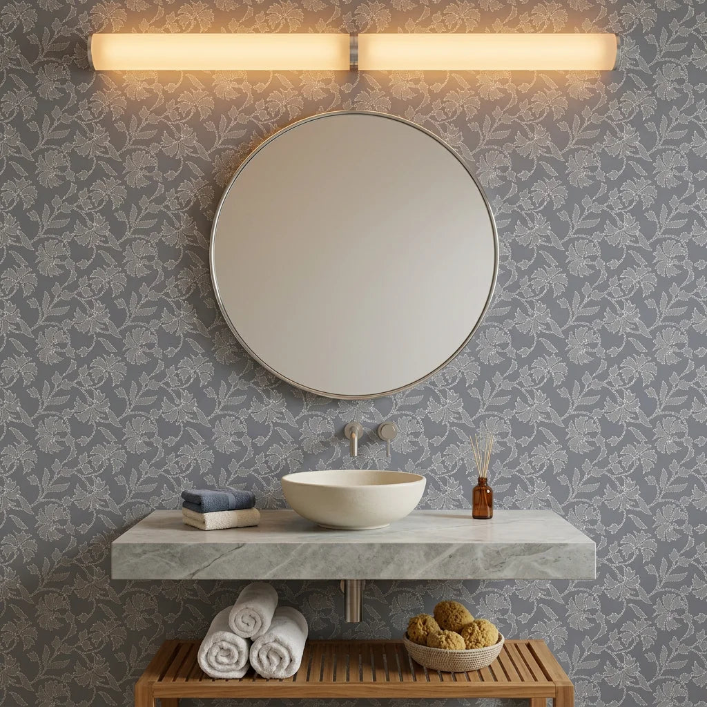 Matte grey stitched floral vine peel and stick wallpaper - Slate Sashiko as a feature wall in an office