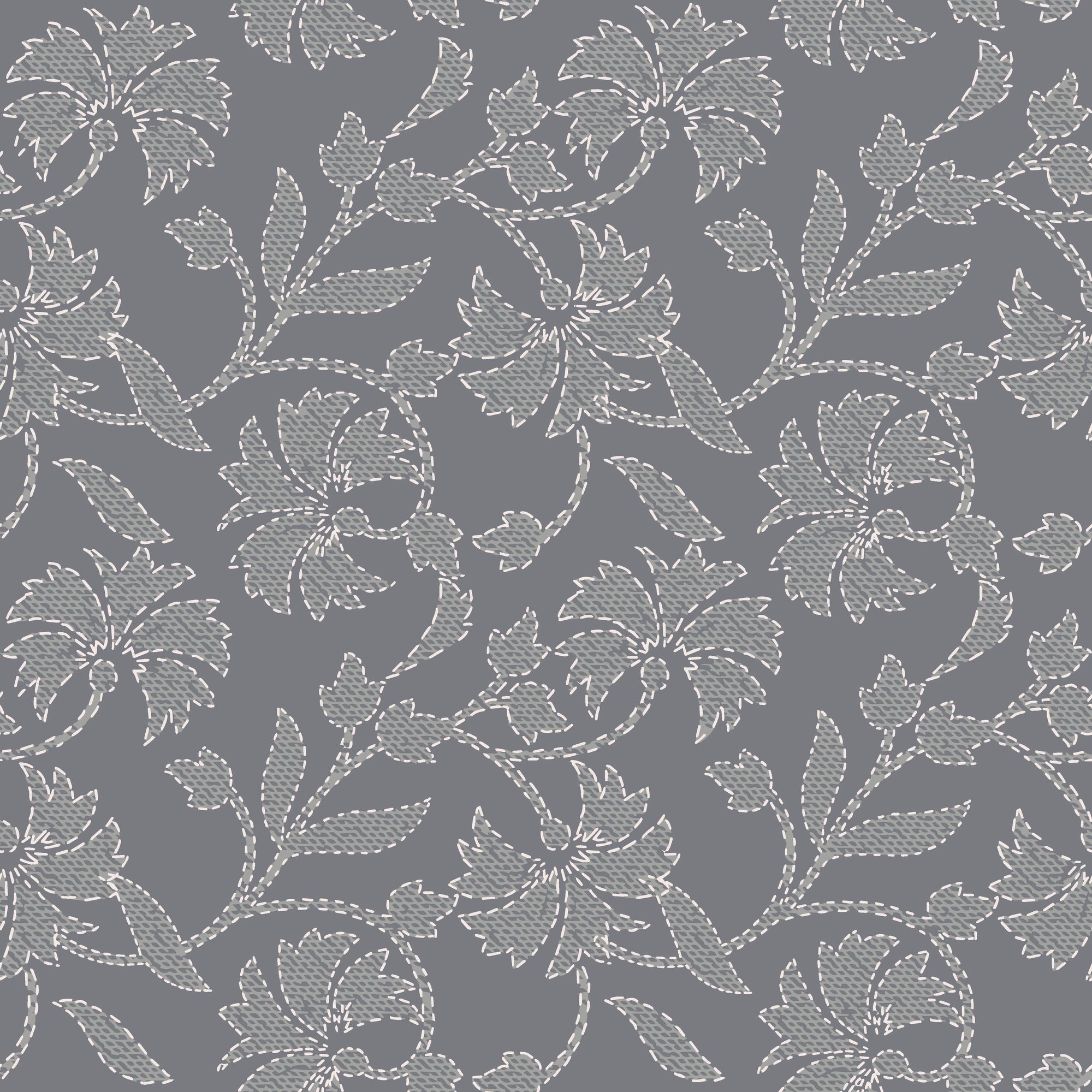 Matte grey stitched floral vine peel and stick wallpaper - Slate Sashiko creating ambiance in a bathroom
