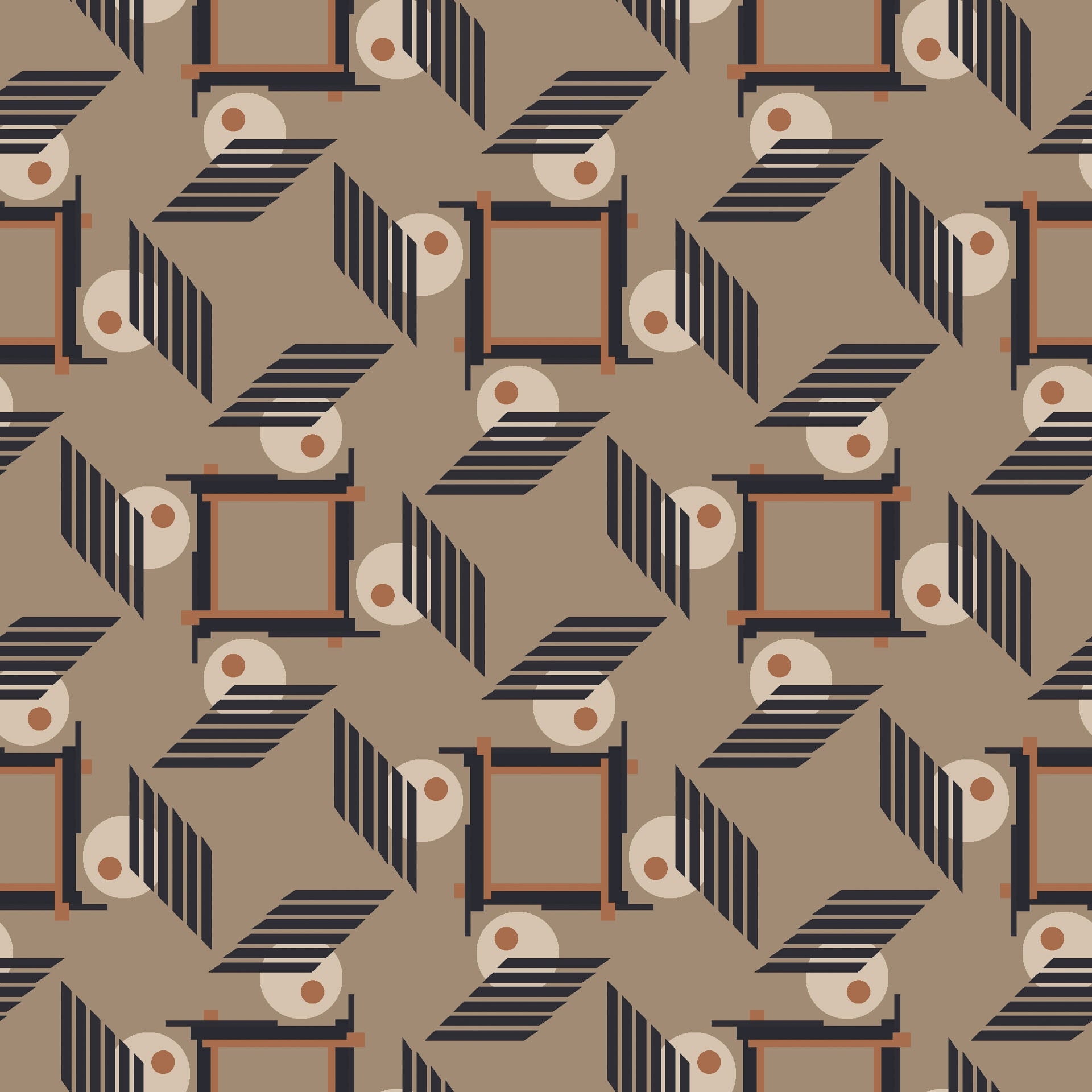 Peel and stick wallpaper featuring an abstract, architectural geometric pattern in shades of brown and black