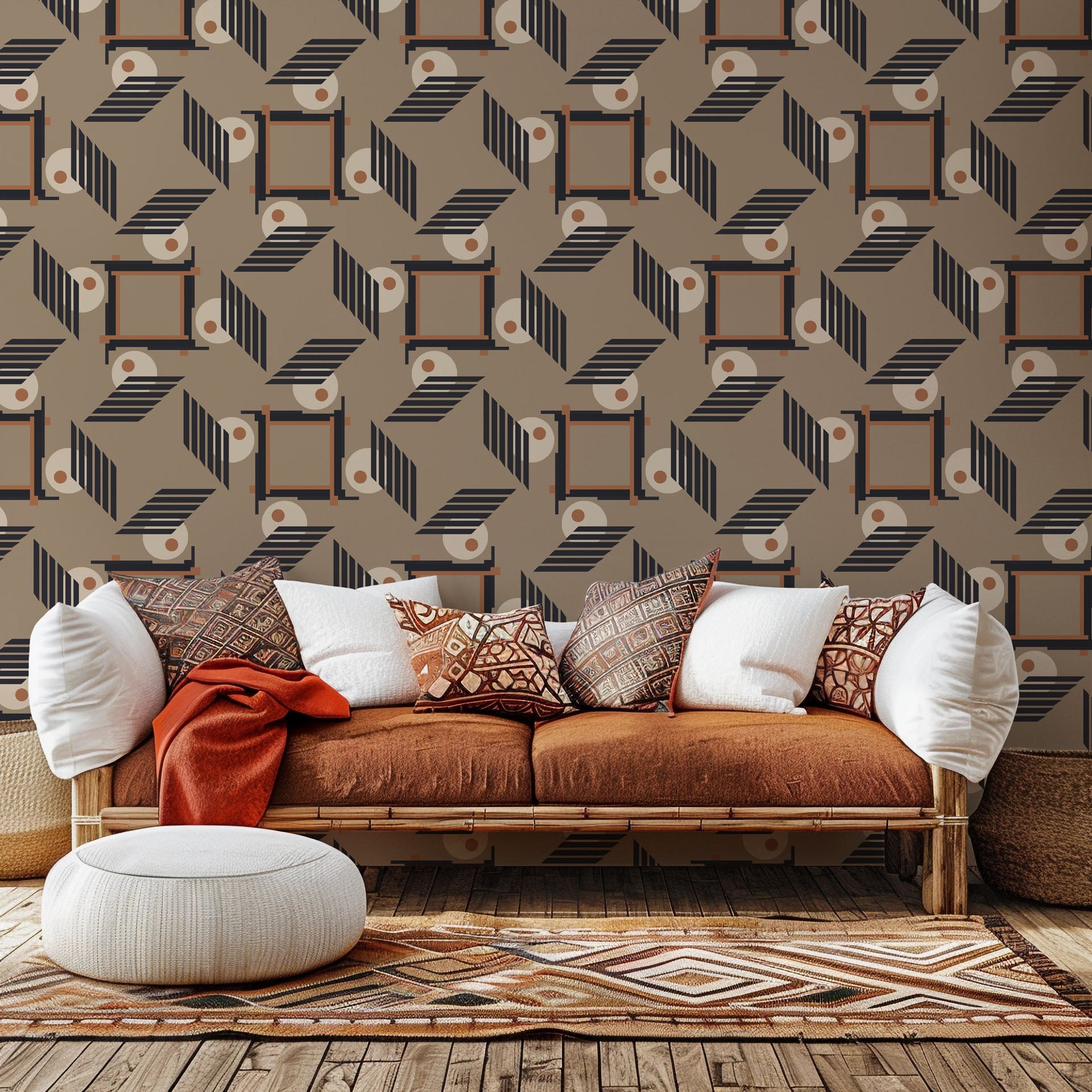 Geometric and abstract architectural design featuring brown and black tones on peel-and-stick wallpaper (Sliced Radiance)