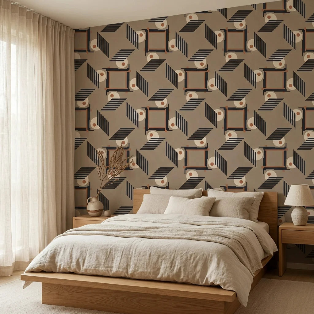 Sliced Radiance modern block wallpaper adding character to a cozy bedroom
