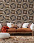 Geometric and abstract architectural design featuring brown and black tones on peel-and-stick wallpaper (Sliced Radiance)