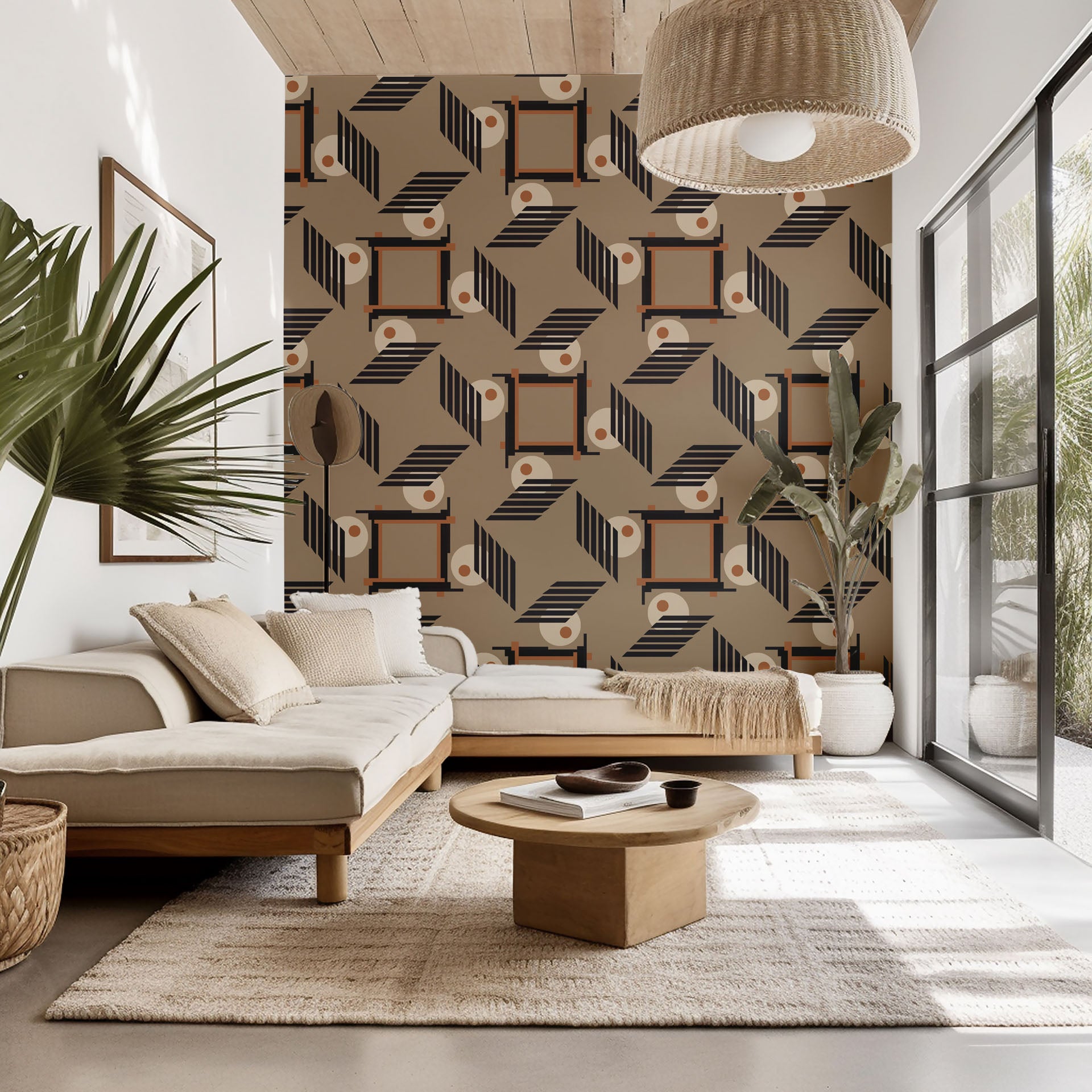 Geometric, structural wall decal in abstract black and brown tones