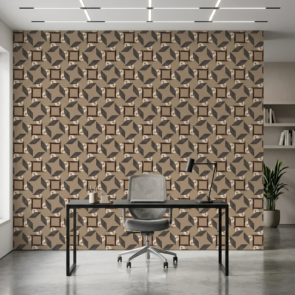 Sliced Radiance modern block wallpaper as a feature wall in a bright home office