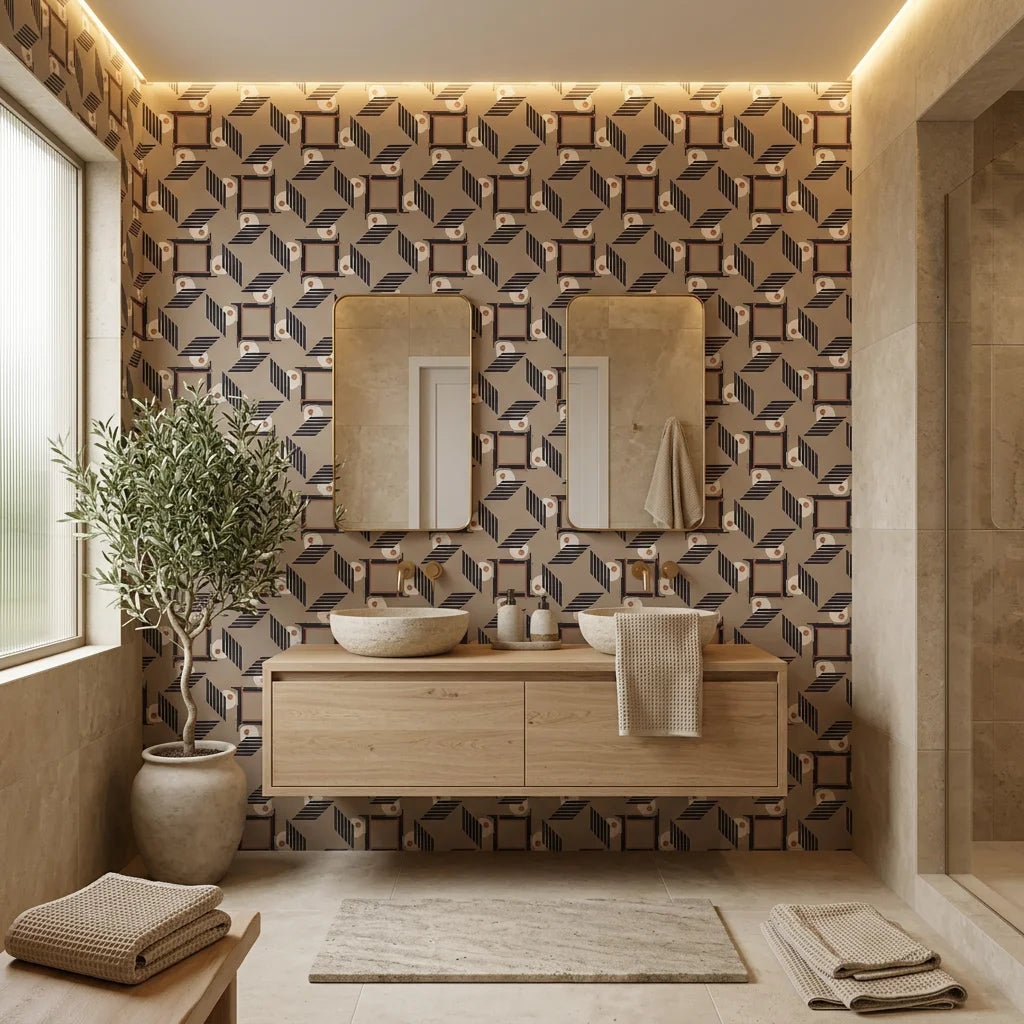 Sliced Radiance modern block wallpaper creating ambiance in a serene bathroom
