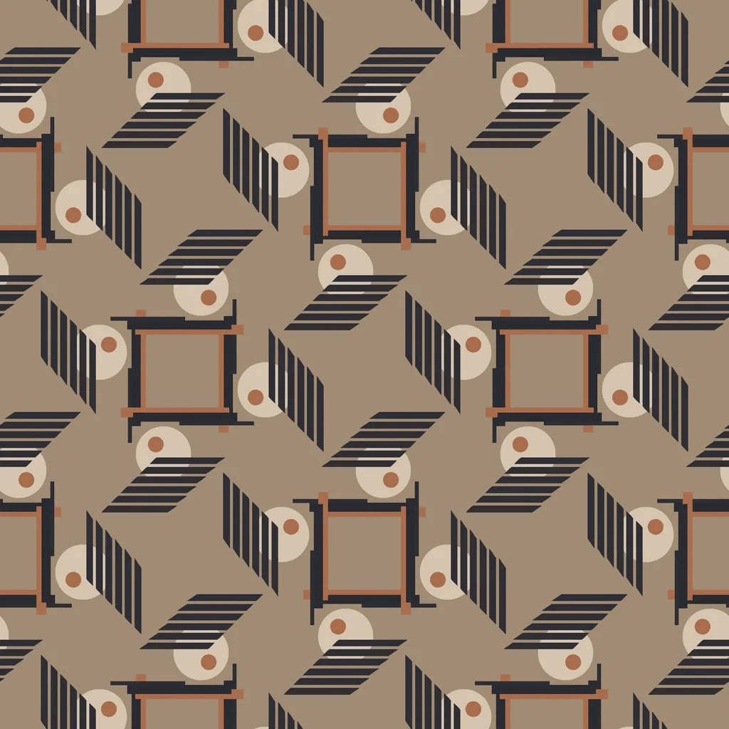 Peel and stick wallpaper featuring an abstract, architectural geometric pattern in shades of brown and black