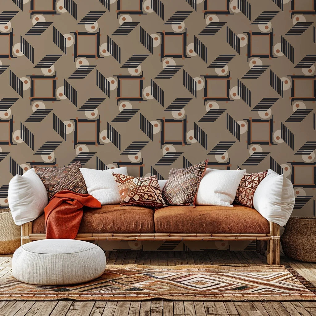 Geometric and abstract architectural design featuring brown and black tones on peel-and-stick wallpaper (Sliced Radiance)