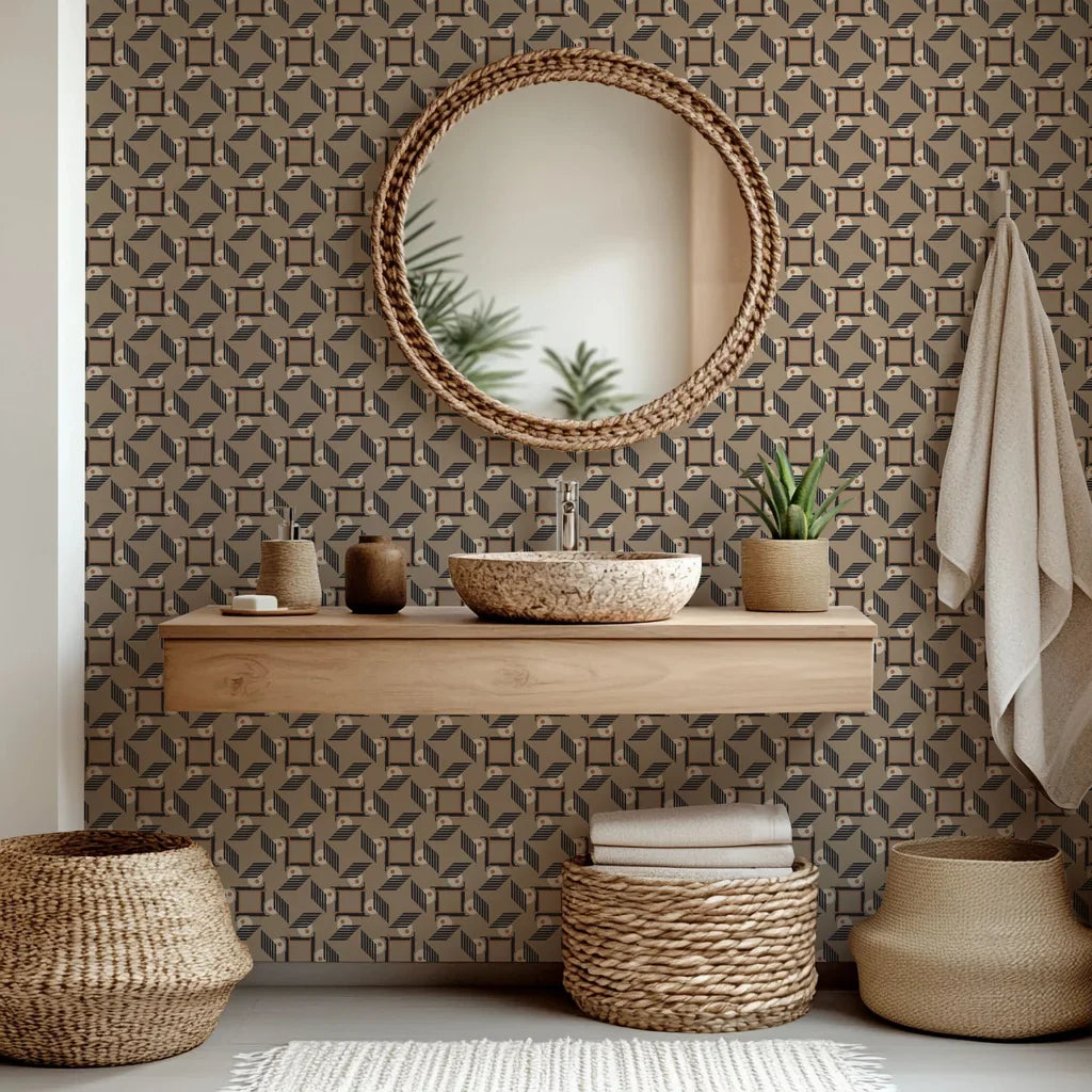 Self-adhesive wall covering featuring an architectural, geometric pattern in black and brown tones, named Sliced Radiance