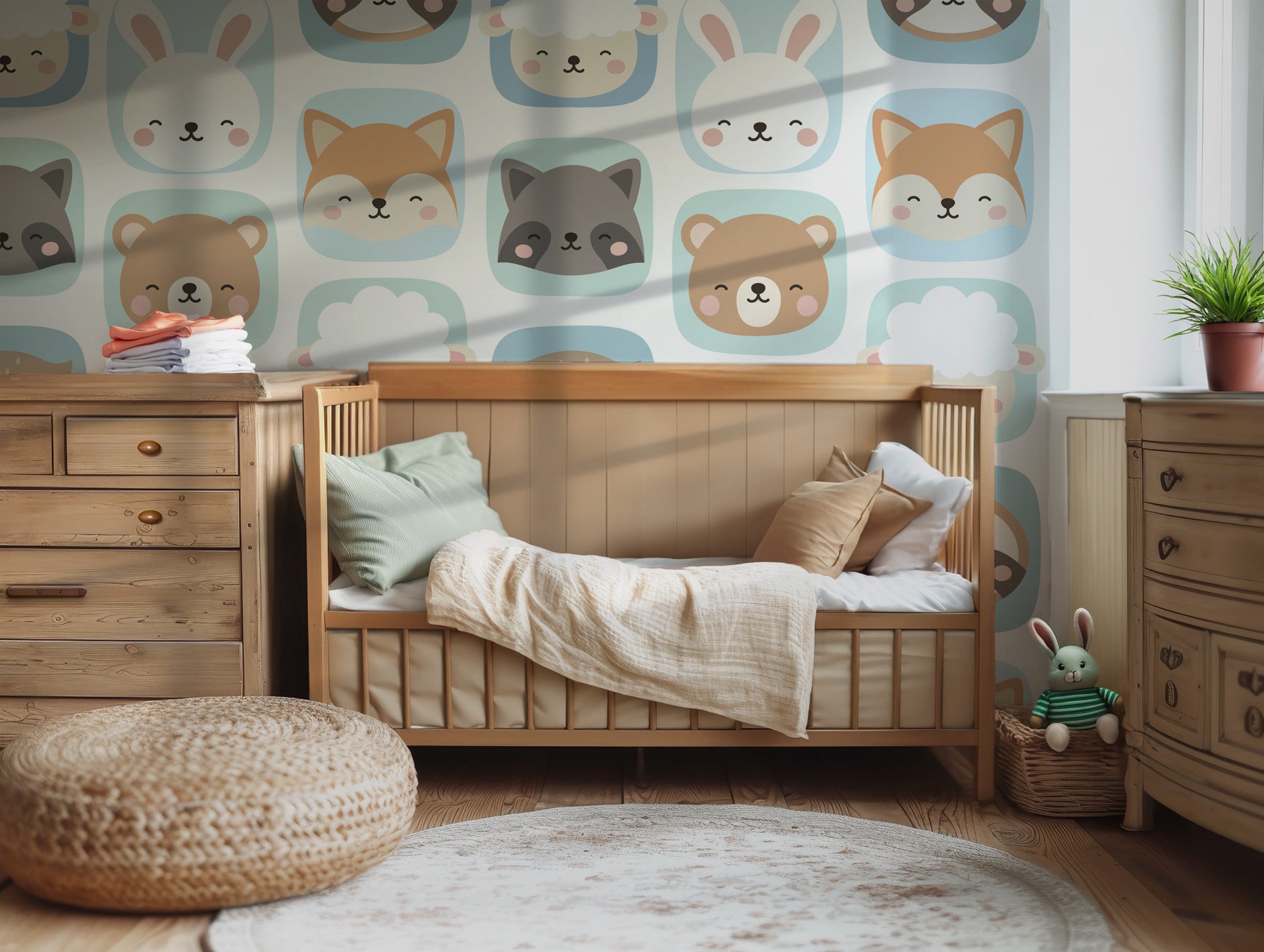 Blue, rounded square frames pattern a glossy white wall covering, encapsulating illustrations of animal heads