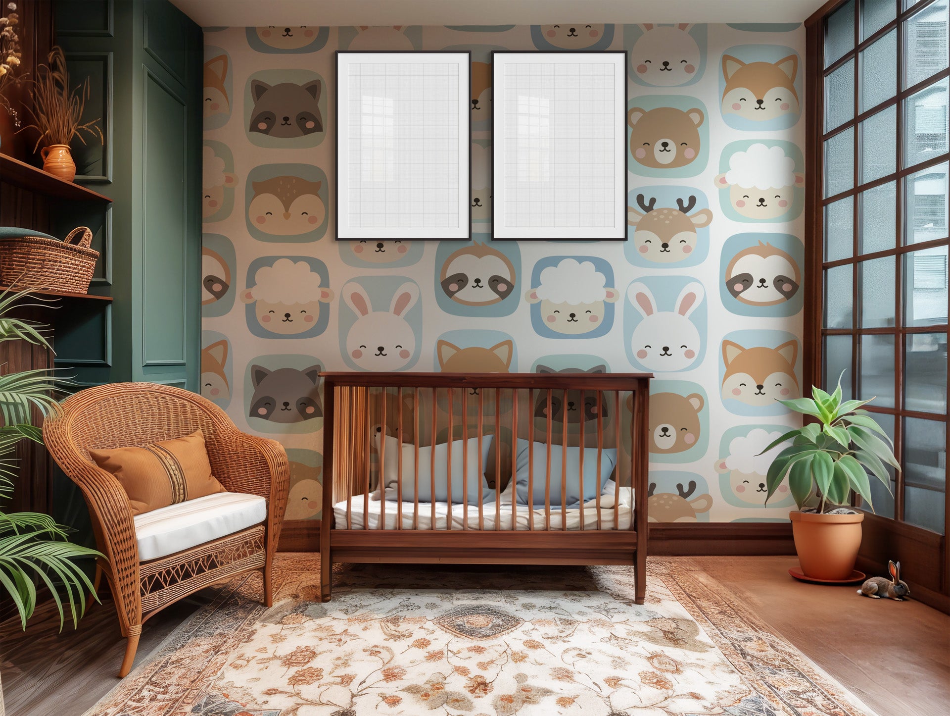 White, smooth wallpaper pattern featuring animal head icons inside blue rounded squares that form a grid