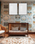 White, smooth wallpaper pattern featuring animal head icons inside blue rounded squares that form a grid