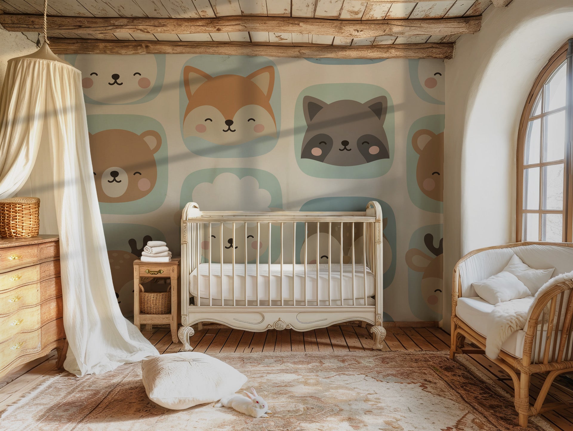 A brilliant white wallpaper, adorned with creature motifs organized inside blue squares that possess rounded corners