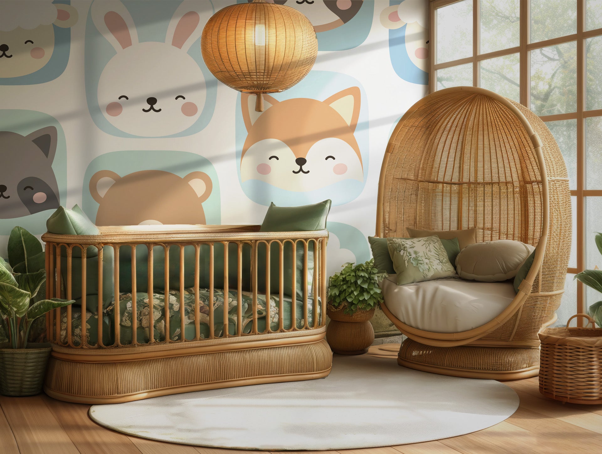 Polished white wall covering showing animal busts framed by a blue rounded-square matrix