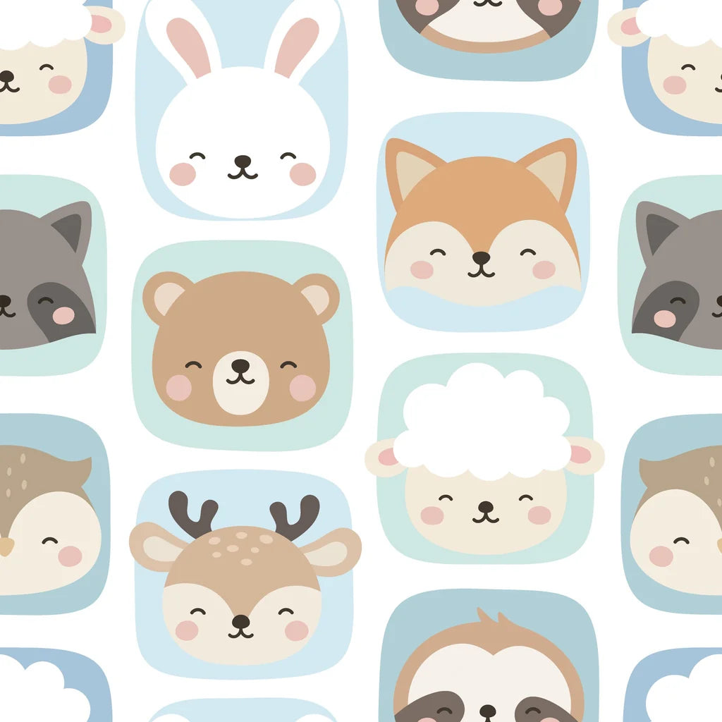 White happy forest animal face grid peel and stick wallpaper -Smiley Squares