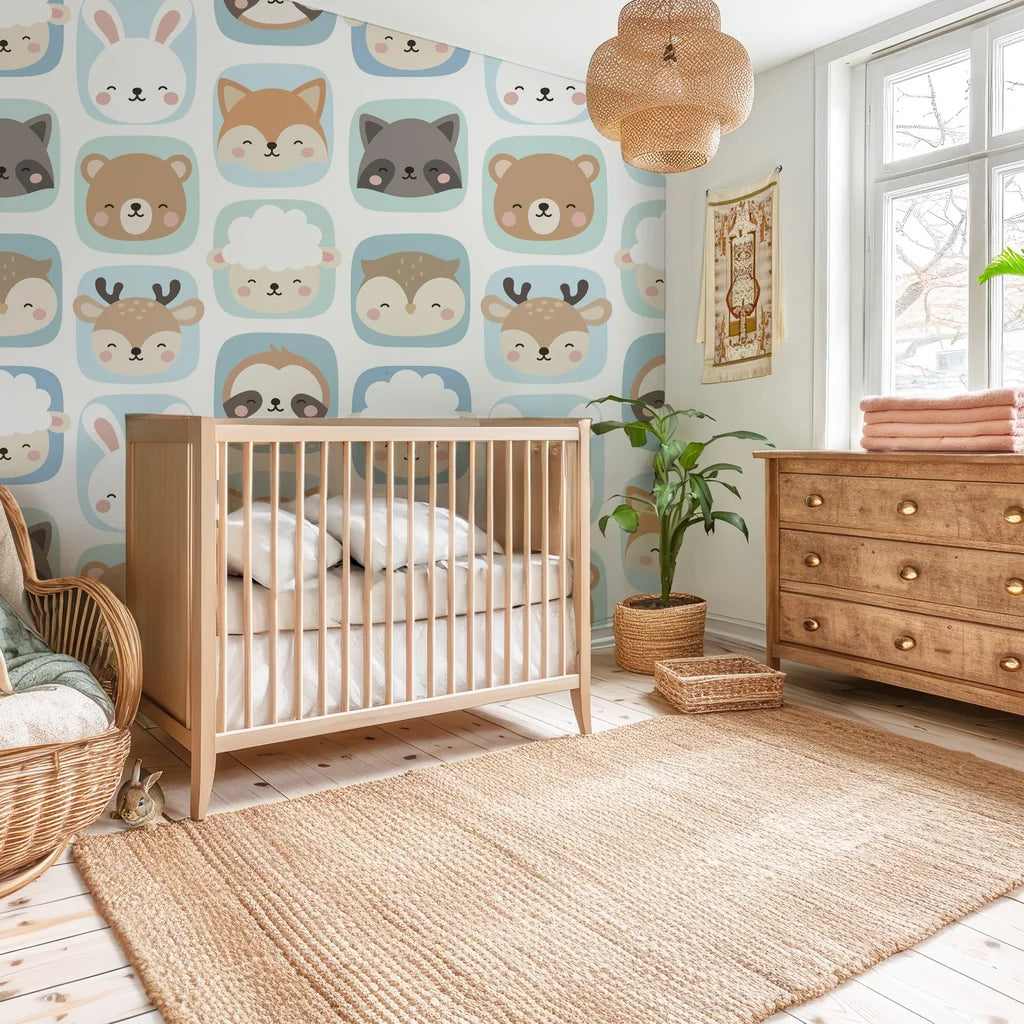 Simple white peel-and-stick wallpaper featuring a grid of cheerful woodland creatures within uniform squares - Smiley Squares