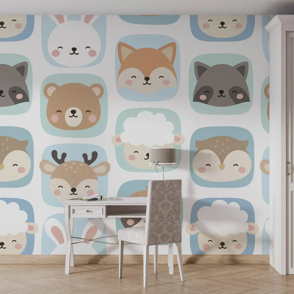 Cheerful woodland creature portraits arranged in a clean grid pattern on a white self-adhesive wallpaper. - Smiley Squares