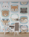 Cheerful woodland creature portraits arranged in a clean grid pattern on a white self-adhesive wallpaper. - Smiley Squares