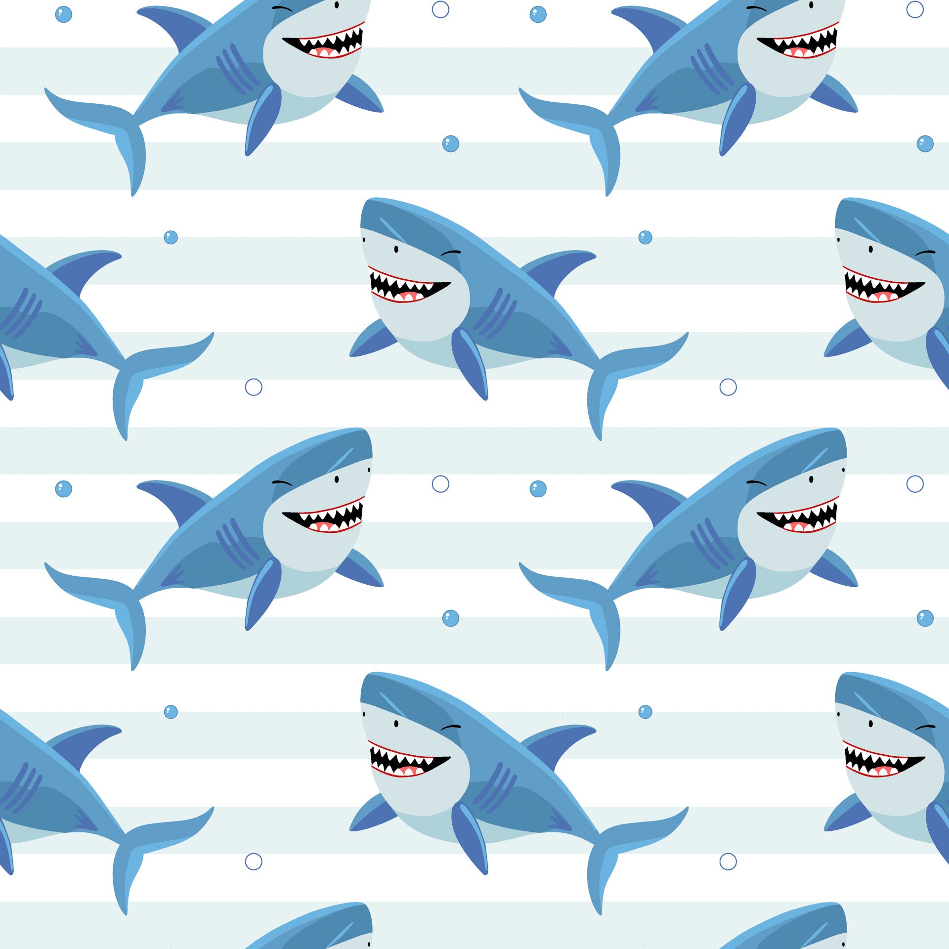 Marine-themed wall covering patterned with stripes and cheeky, winking blue sharks