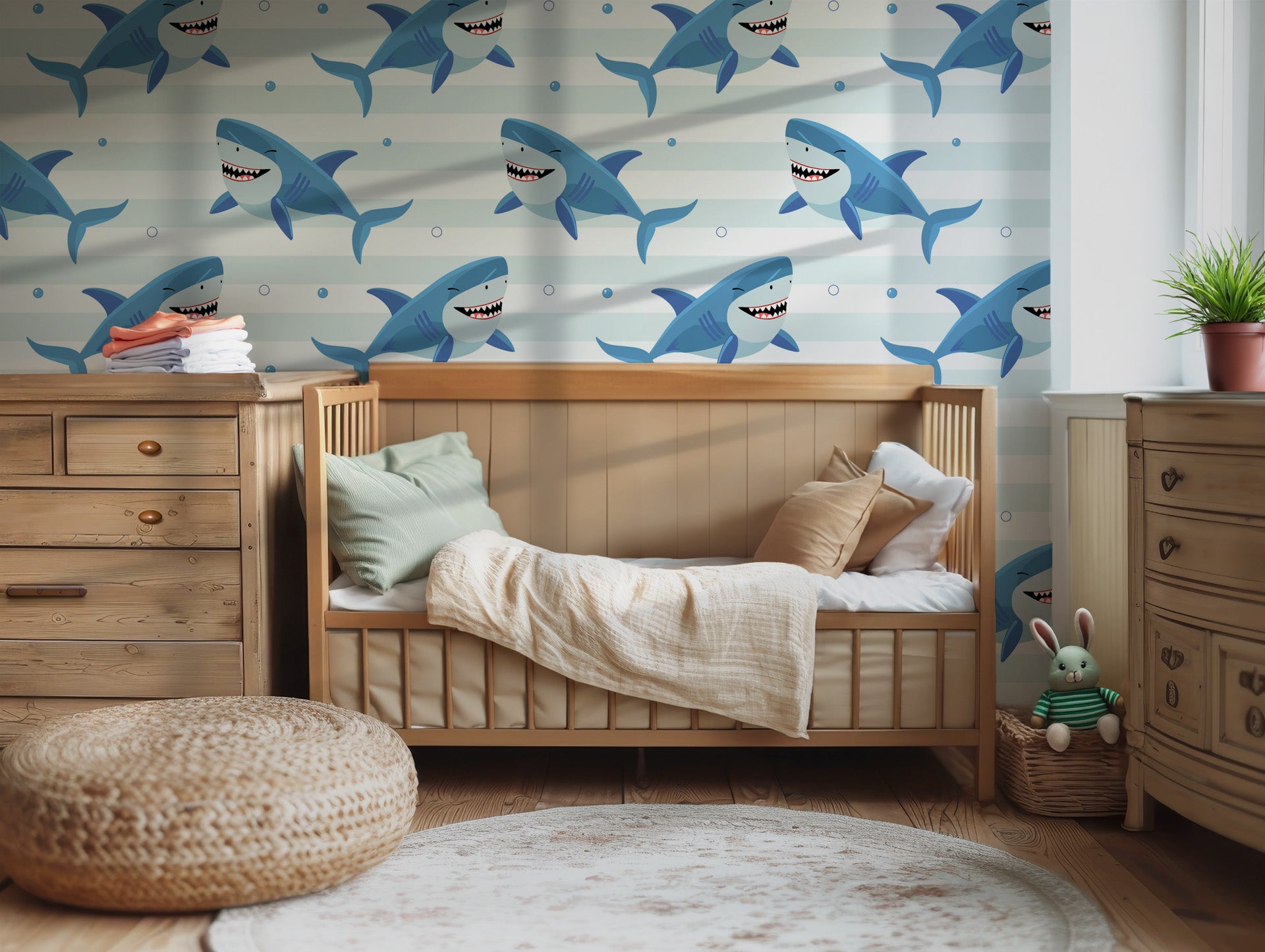 Blue sharks winking on a playful, striped wallpaper design with an aquatic theme.