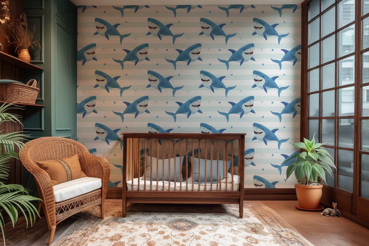 Whimsical, underwater-themed wallpaper showing blue sharks that are winking amidst a striped background.