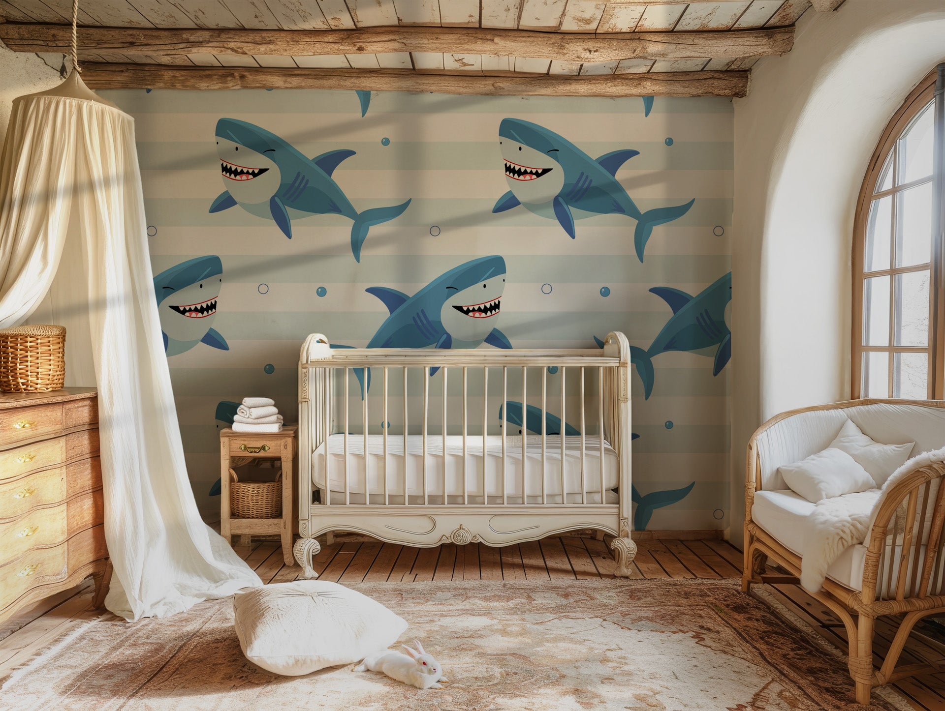 Blue-themed aquatic wallpaper; a striped pattern punctuated by playful, winking sharks.