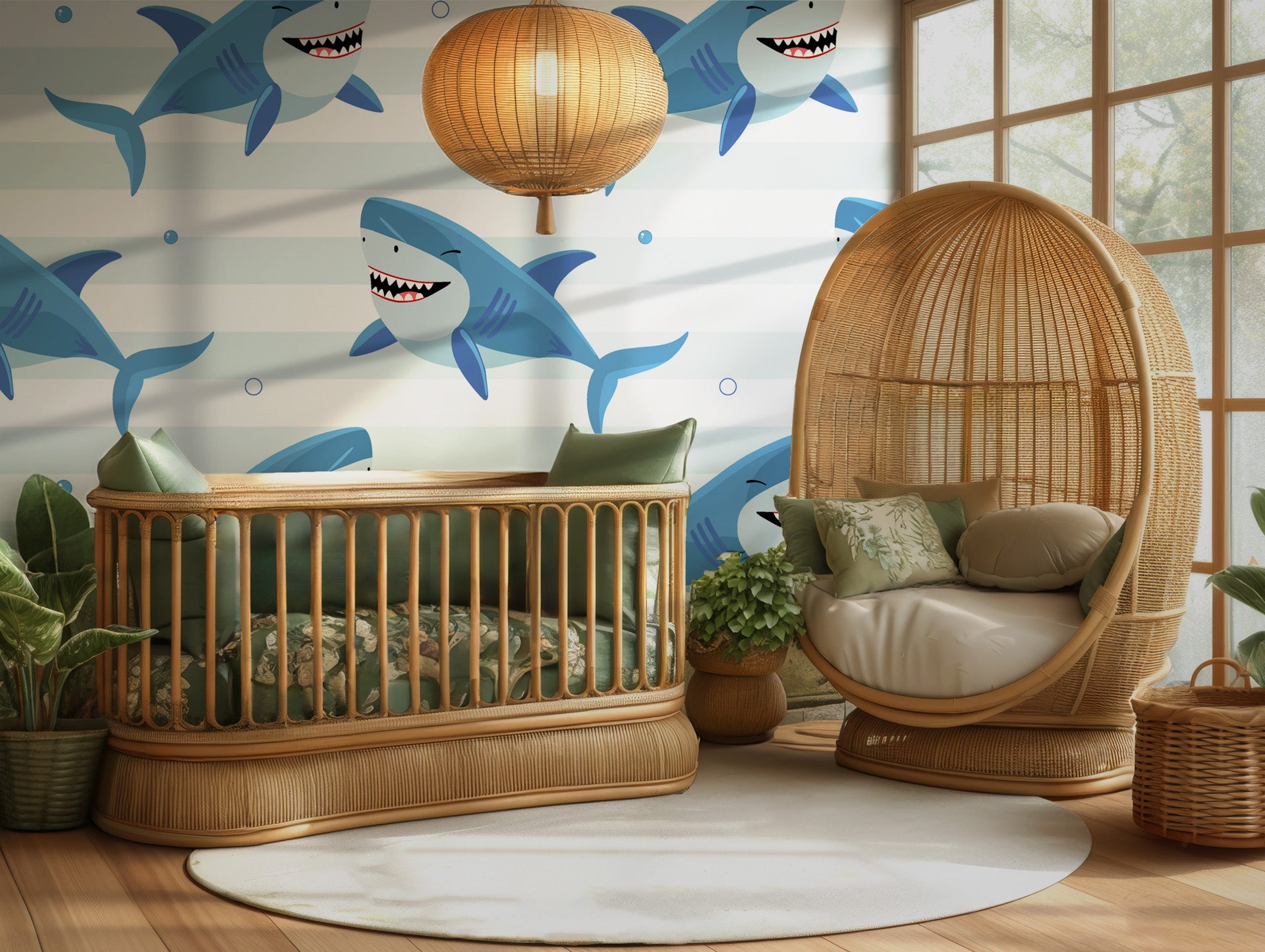 A playful, banded wallpaper featuring mischievous blue sharks with a wink in an aquatic setting
