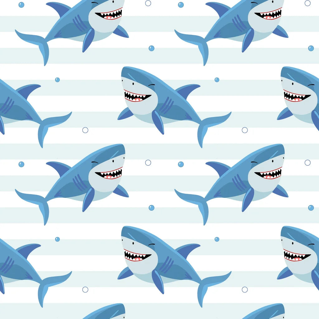 Striped light blue shark ocean pattern peel and stick wallpaper -Smiling Jaws